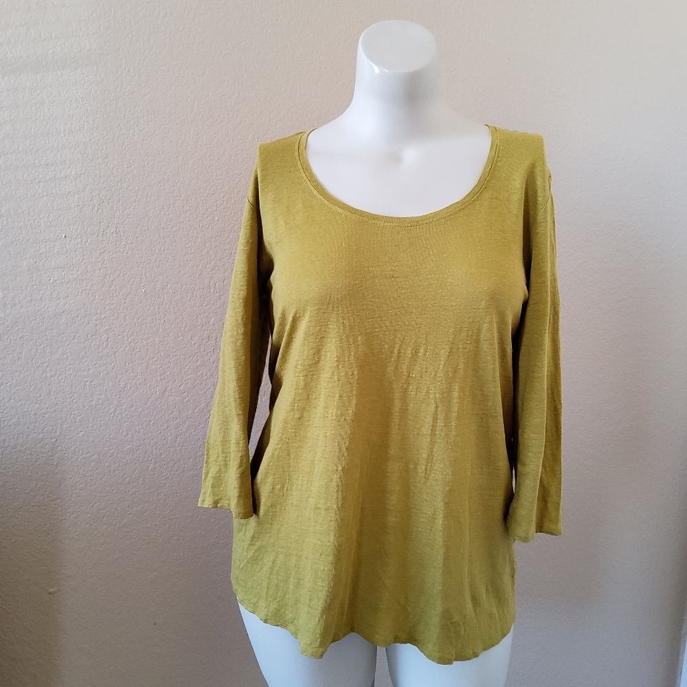 Eileen Fisher Linen Top Size L Green 3/4 Sleeve Blouse EUC